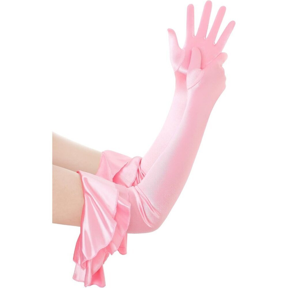 Women's Pink Long Satin Ruffle Cuff Stretchy Sleeves Gloves Wedding Costume - Picture 2 of 7